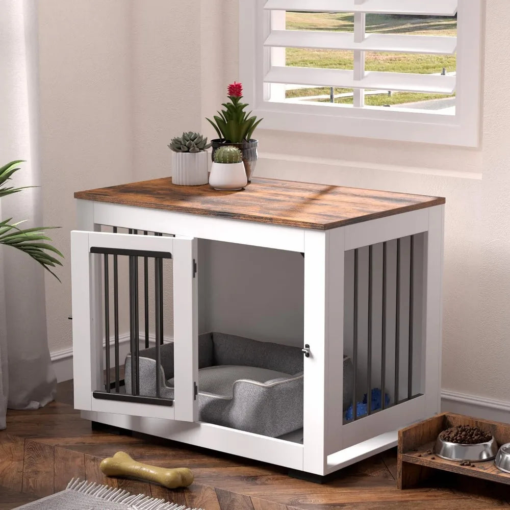 White Dog Crate Furniture for Medium Dogs Up to 40 lbs - Decorative Puppy Kennel with Wide Farmhouse Table Top & Steel Bar