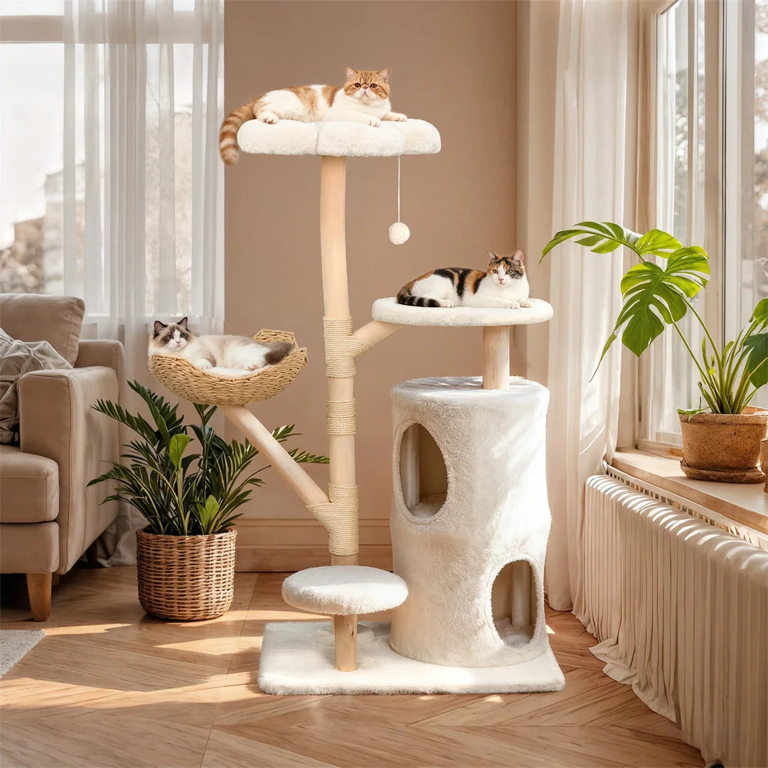 Indoor Cat Tower Tree: 56” Tall Multi-Level Vertical Cat Tree Activity Tower for Multi-cat Households, Cat Furniture with Flowe