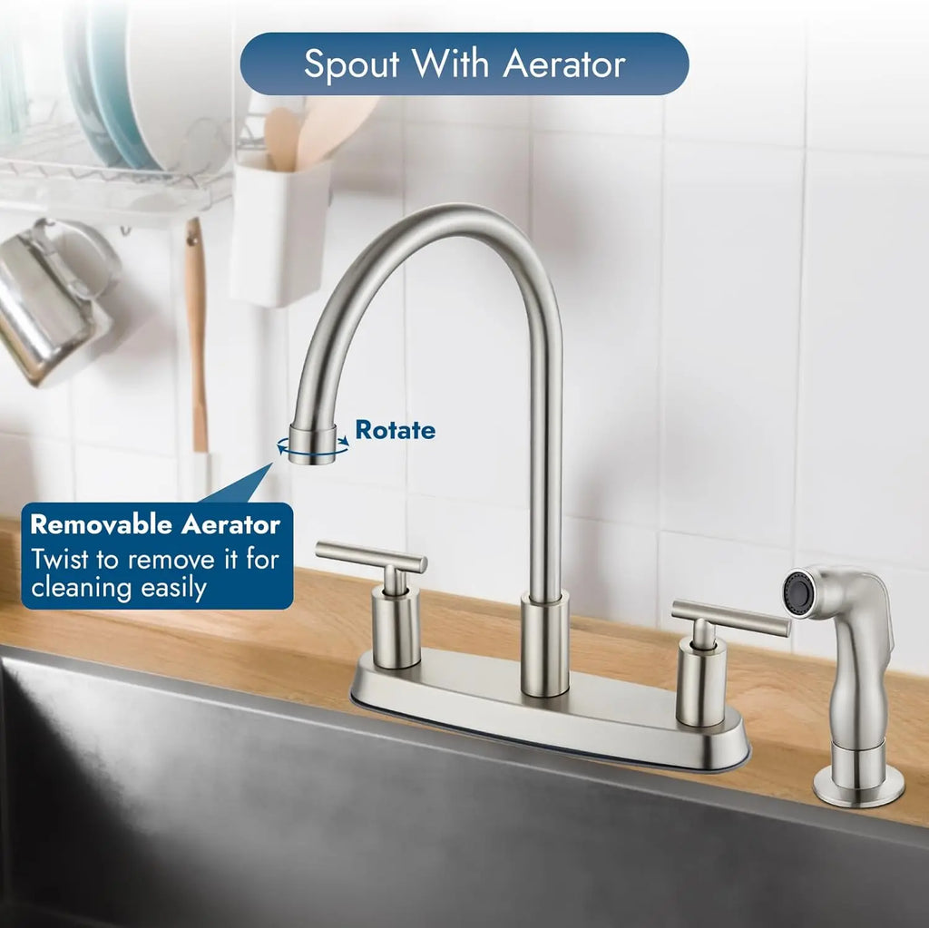 High Arc 360° Rotating Kitchen Faucet, 2-Handle, 8' Centerset, with Side Sprayer, Brushed Nickel