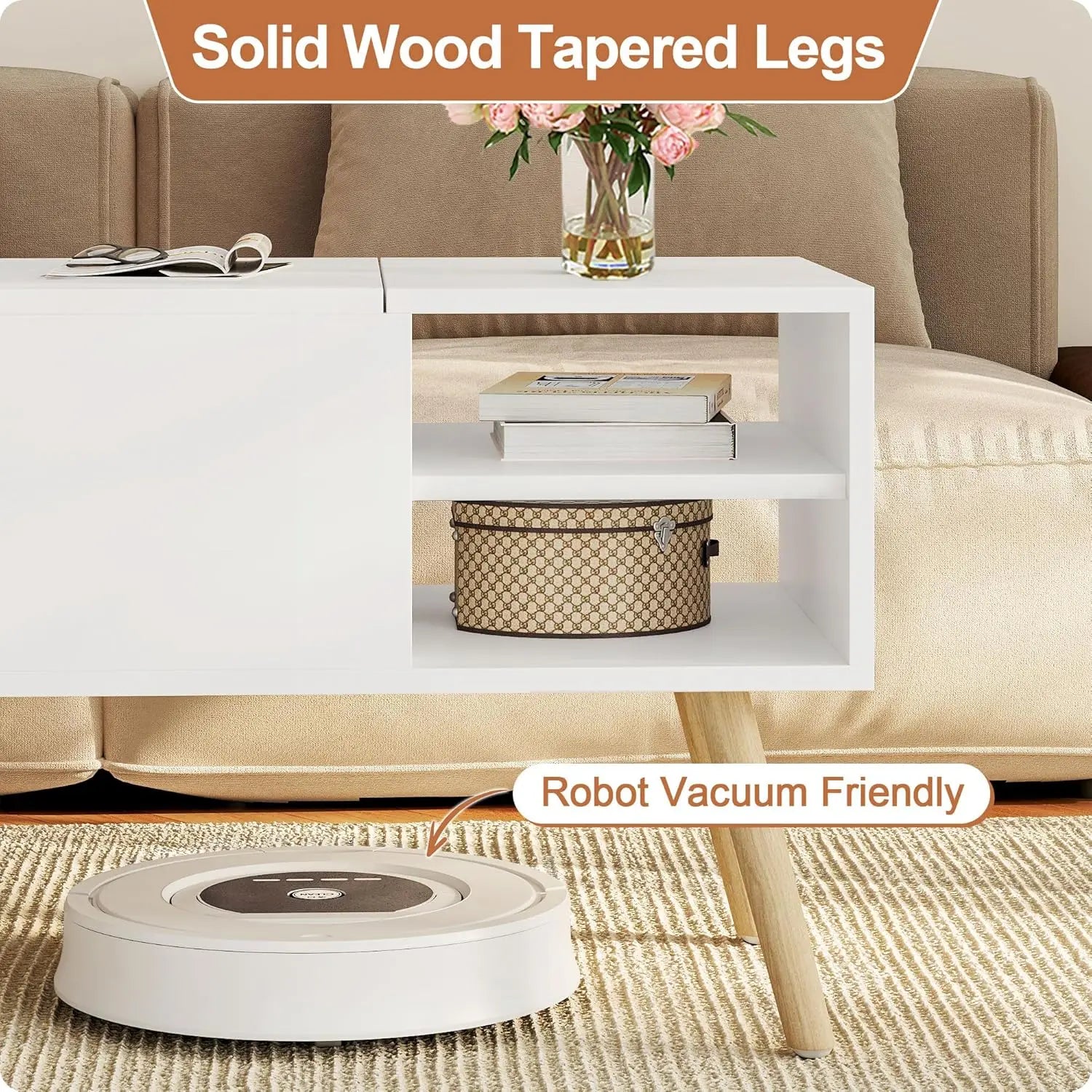 White Lift-Top Coffee Table with Hidden Storage, Solid Wood Legs, and Open Shelves for Living Room