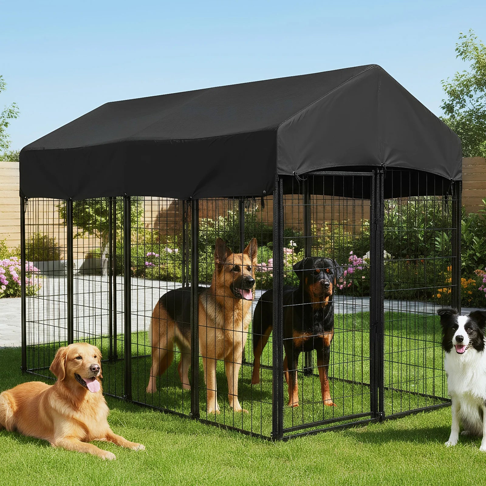 Outdoor Secure Wire Crate Kennel Steel Material Outdoor Dogs Welded Wire Kennels Waterproof Tarpaulin for Medium Small Dogs
