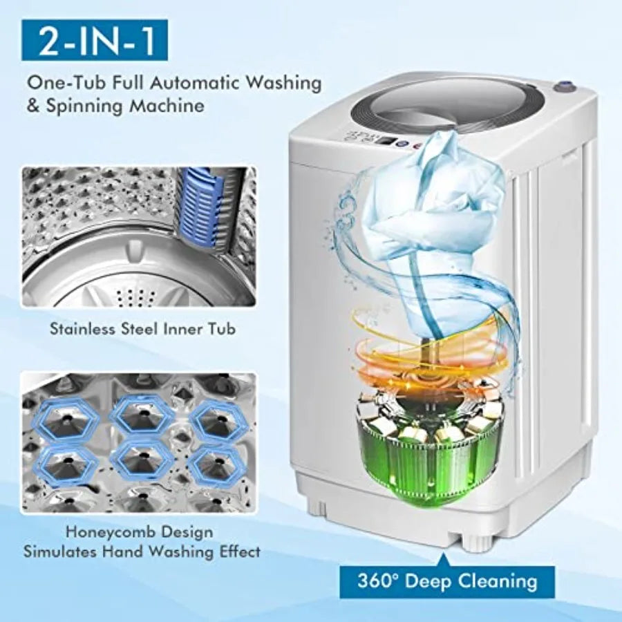 Portable Washing Machine 8Lbs Capacity Full-automatic Washer with 6 Wash Programs LED Display 3 Water Levels Compact Laundry Wa