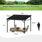 8x10 FT Wall-Mounted Lean-to Gazebo, Iron Roof Outdoor Pergola with Drainage System & Triangle Structure, Outdoor Patio Lean-to