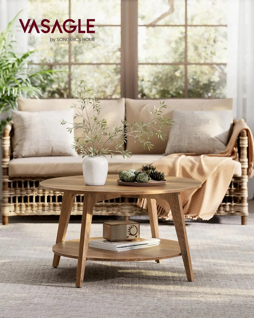 Round Coffee Table with Storage, 2-Tier Design, Tapered Legs, Easy Assembly for Living Room in Honey Brown