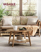 Round Coffee Table with Storage, 2-Tier Design, Tapered Legs, Easy Assembly for Living Room in Honey Brown