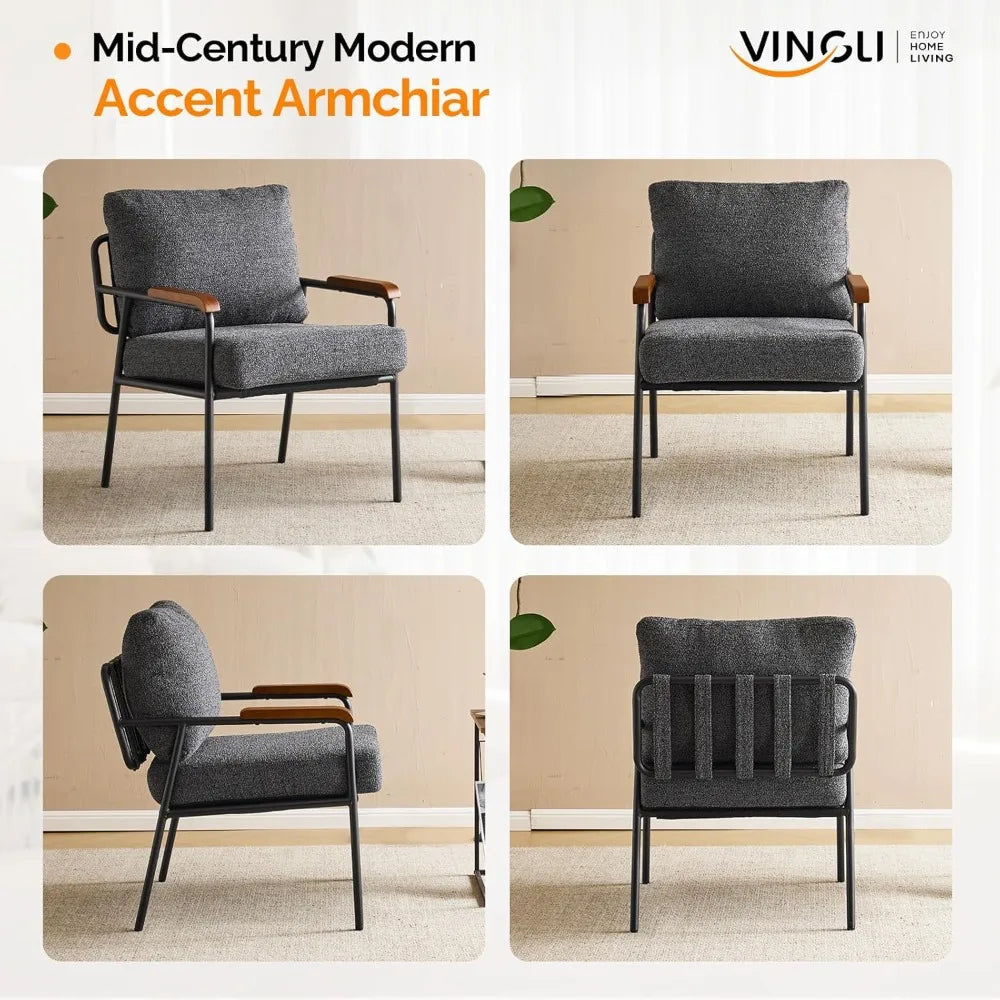 Mid-Century Modern Accent Armchiar for Small Space, Small Comfy Upholstered Leisure Reading Chair with Wood Armrest for B
