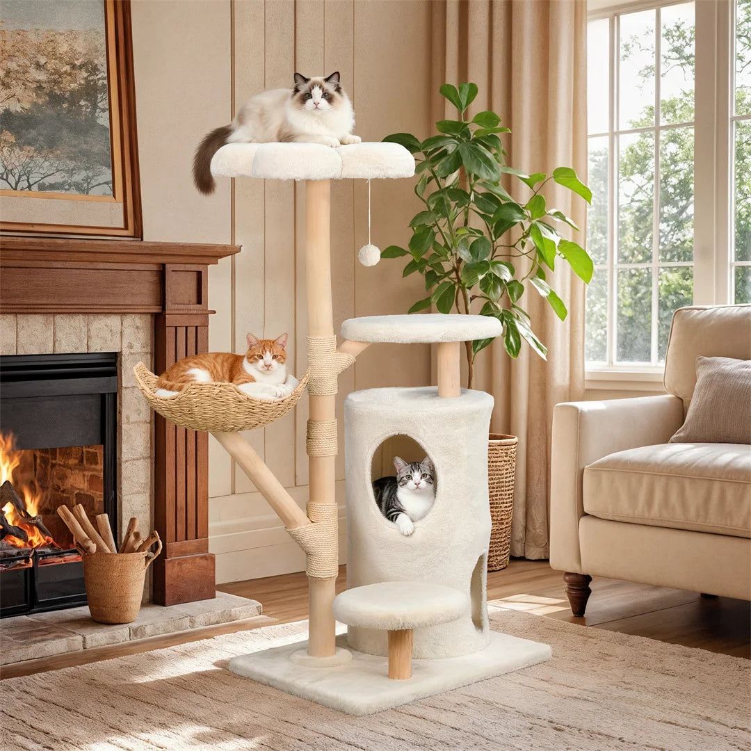Indoor Cat Tower Tree: 56” Tall Multi-Level Vertical Cat Tree Activity Tower for Multi-cat Households, Cat Furniture with Flowe