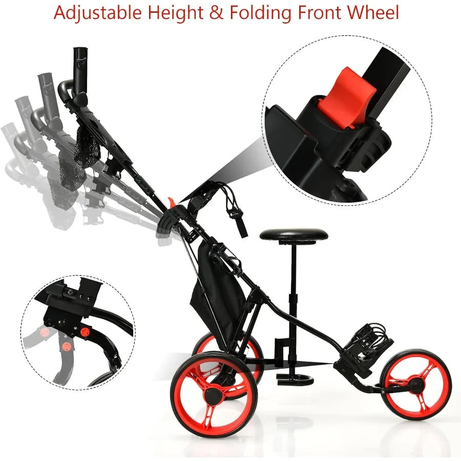 Foldable 3Wheel Height Adjustable Lightweight Golf Caddy Cart with Umbrella Holder Hydraulic Seat Storage Bag Cup Holder for Ea