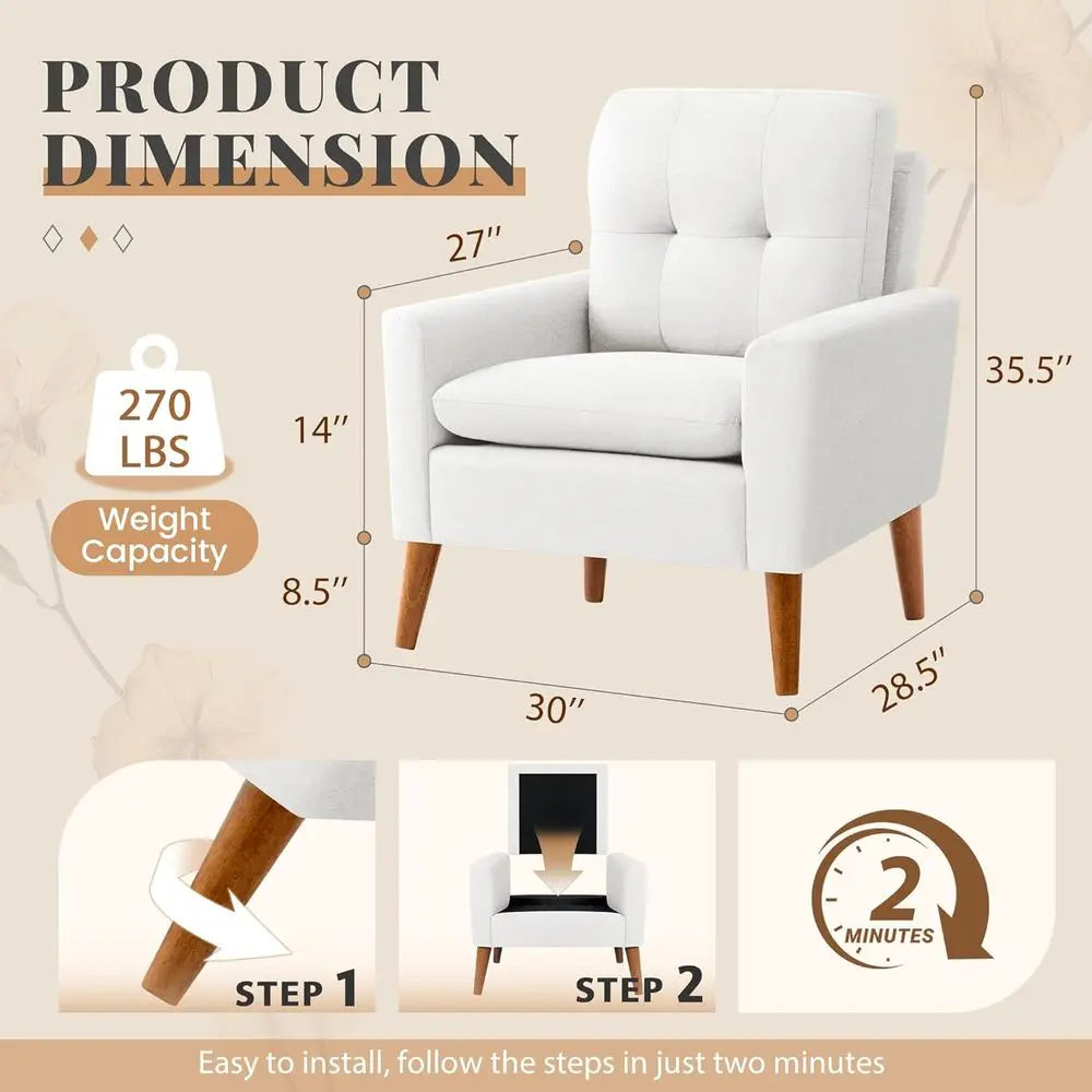 Accent Chair, -Century ern Upholstered Armchair, Comy Reading Soa Chair or Living Room, Bedroom, Aparent, White