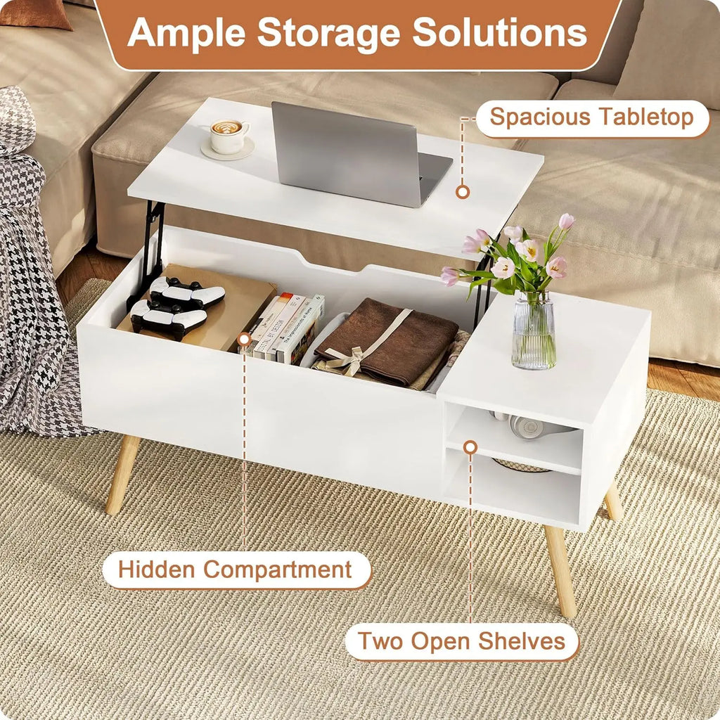 White Lift-Top Coffee Table with Hidden Storage, Solid Wood Legs, and Open Shelves for Living Room